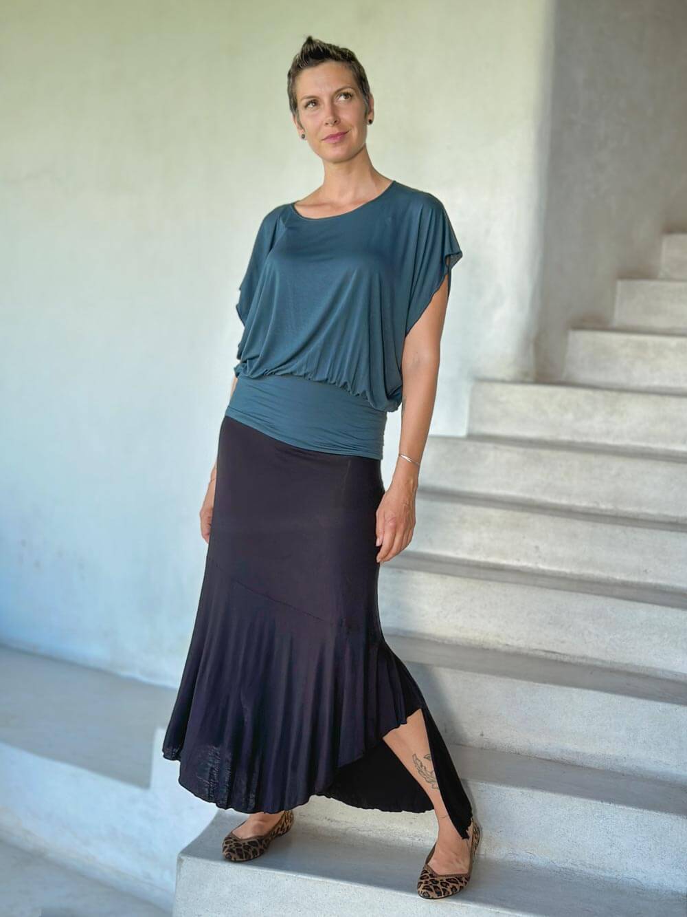 #caraucci women's teal blue lightweight short sleeve loose fit top #color_teal