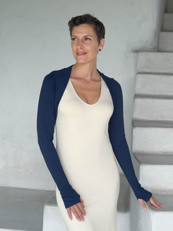 women's jersey navy long sleeve sleeve shrug with thumbholes #color_navy