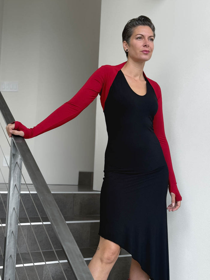 women's plant based rayon jersey stretchy red sleeve shrug with thumbholes #color_red