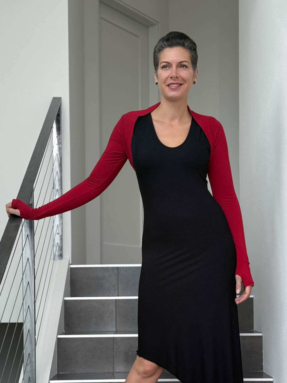 women's plant based rayon jersey stretchy red sleeve shrug with thumbholes #color_red
