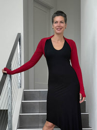 women's plant based rayon jersey stretchy red sleeve shrug with thumbholes #color_red