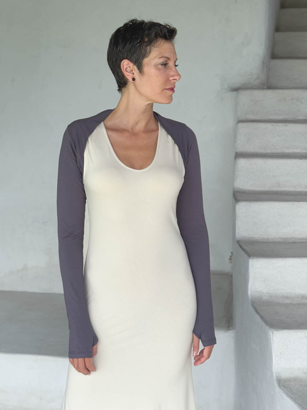 women's jersey gray long sleeve sleeve shrug with thumbholes #color_steel