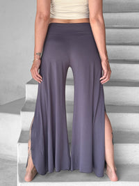 caraucci stretch jersey steel gray wide-leg side slit full-length flow pants #color_steel