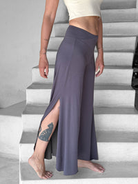 caraucci stretch jersey steel gray wide-leg side slit full-length flow pants #color_steel