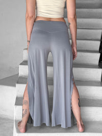 caraucci women's stone grey wide-leg flow pants with side slits #color_stone