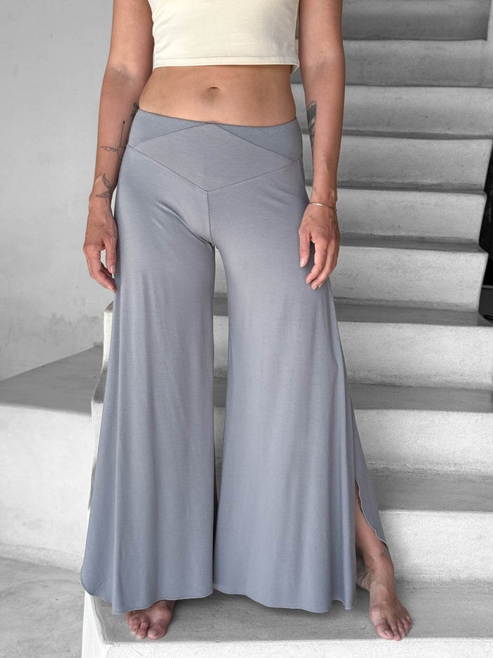 caraucci women's stone grey wide-leg flow pants with side slits #color_stone