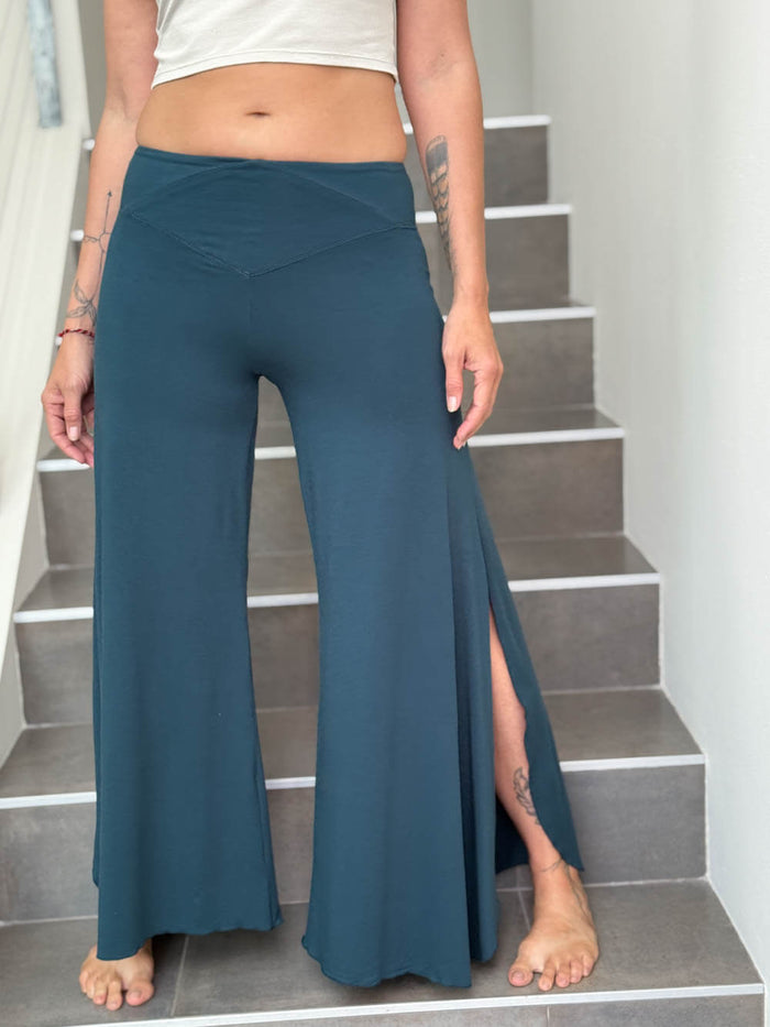 caraucci women's teal blue wide-leg flow pants with side slits #color_teal