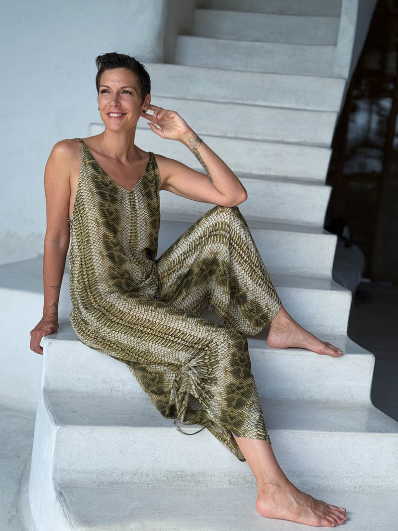 Olive Snake Print Ruched Jumper