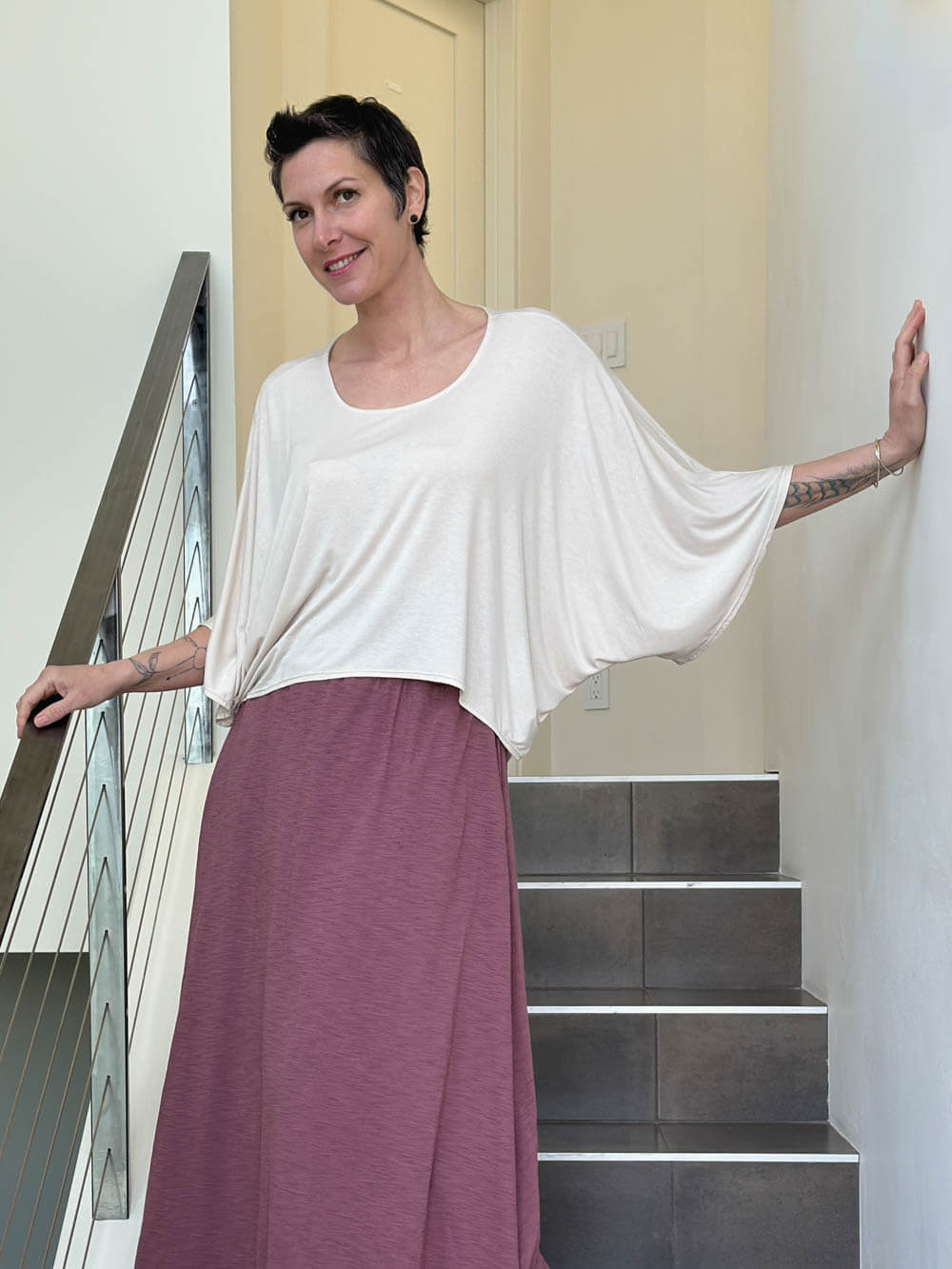 caraucci loose round neck cream dolman sleeve free size top #color_cream