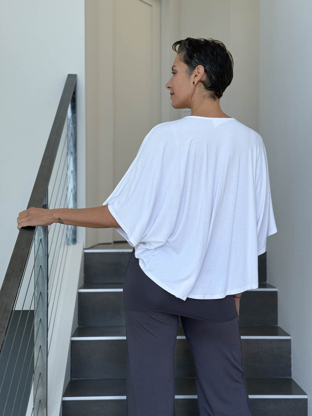 caraucci loose round neck white dolman short sleeve top #color_white