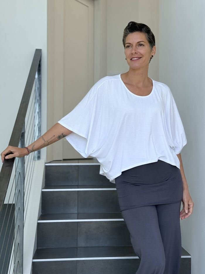 caraucci loose round neck white dolman short sleeve top #color_white