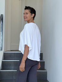 caraucci loose round neck white dolman short sleeve top #color_white