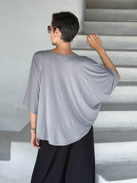 caraucci loose round neck light gray dolman sleeve free size top #color_stone