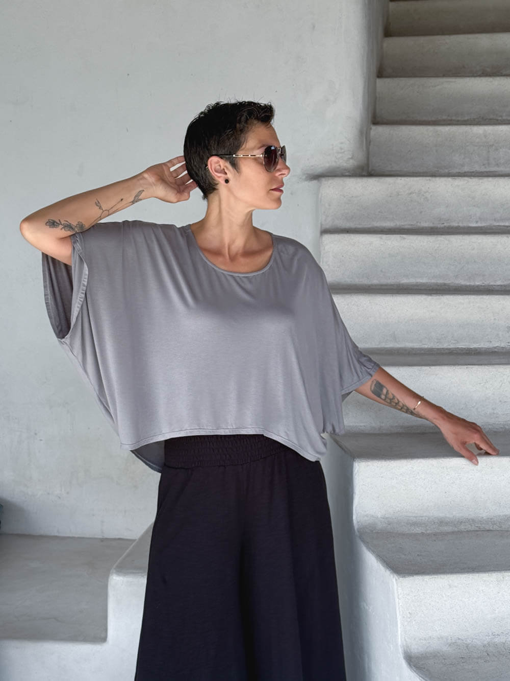 caraucci loose round neck light gray dolman sleeve free size top #color_stone