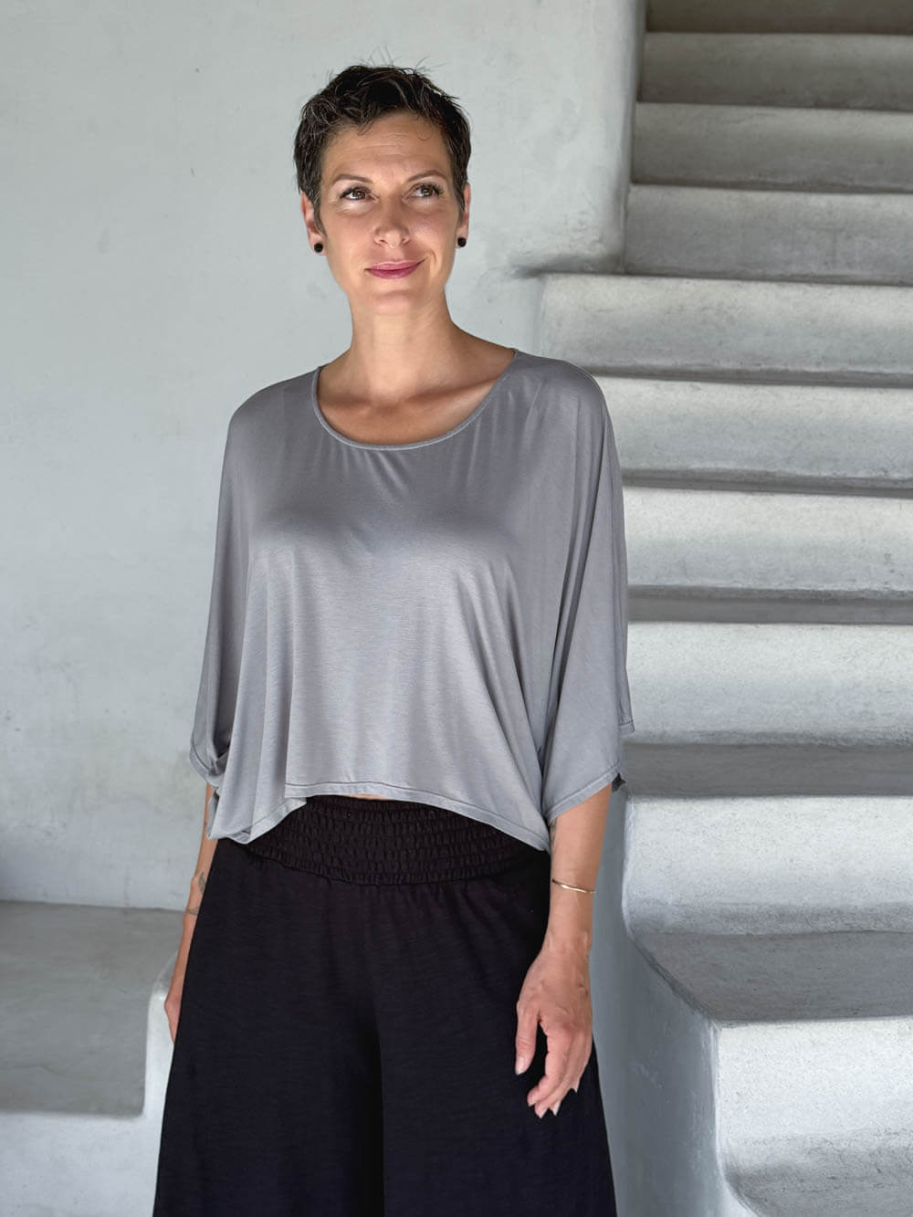 caraucci loose round neck light gray dolman sleeve free size top #color_stone
