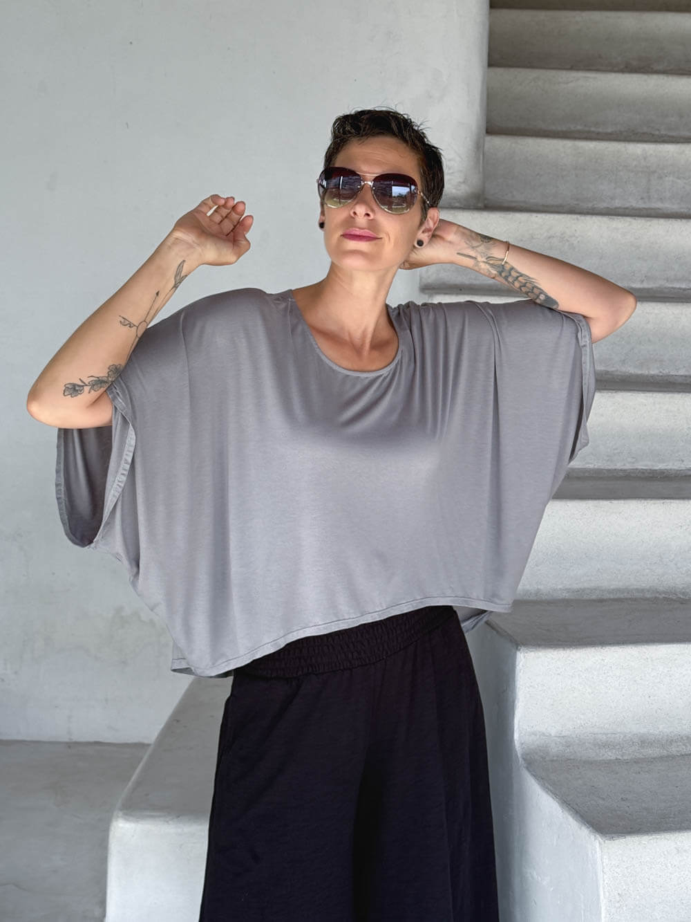 caraucci loose round neck light gray dolman sleeve free size top #color_stone