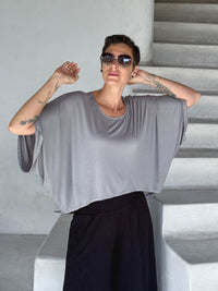 caraucci loose round neck light gray dolman sleeve free size top #color_stone