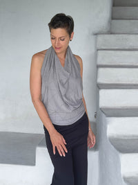 caraucci texture poncho worn as sleeveless cowl neck top #color_stone