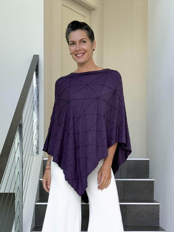caraucci women's plant based rayon jersey purple textured poncho can be worn multiple ways; dress, skirt, halter top #color_plum