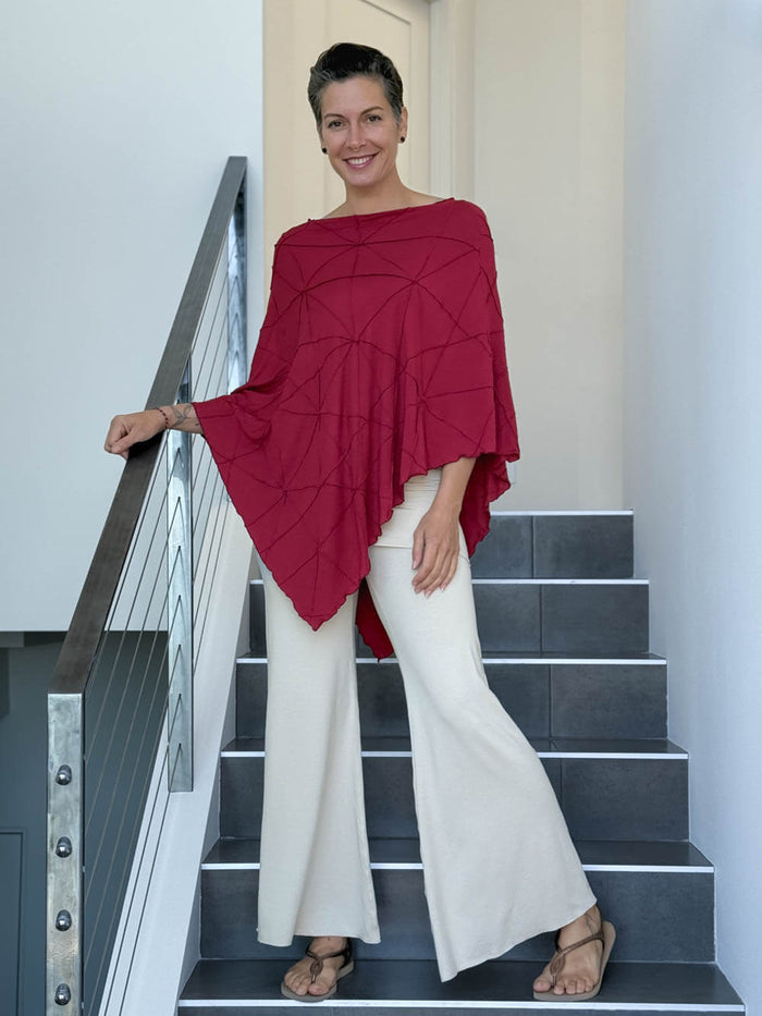 caraucci women's plant based rayon jersey red textured poncho can be worn multiple ways; dress, skirt, halter top #color_scarlet