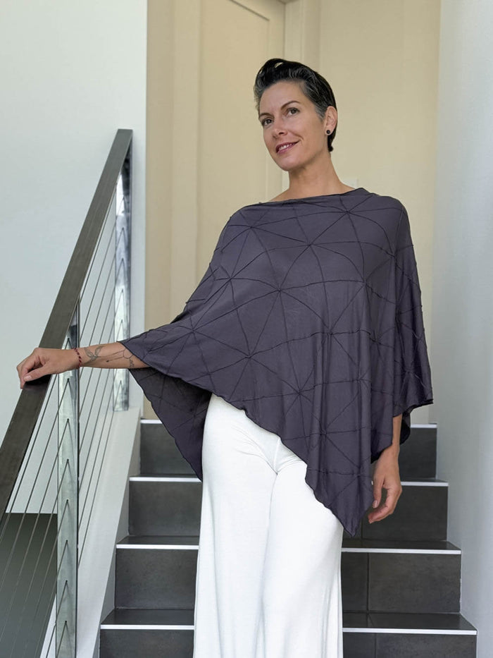 caraucci women's plant based rayon jersey gray textured poncho can be worn multiple ways; dress, skirt, halter top #color_steel