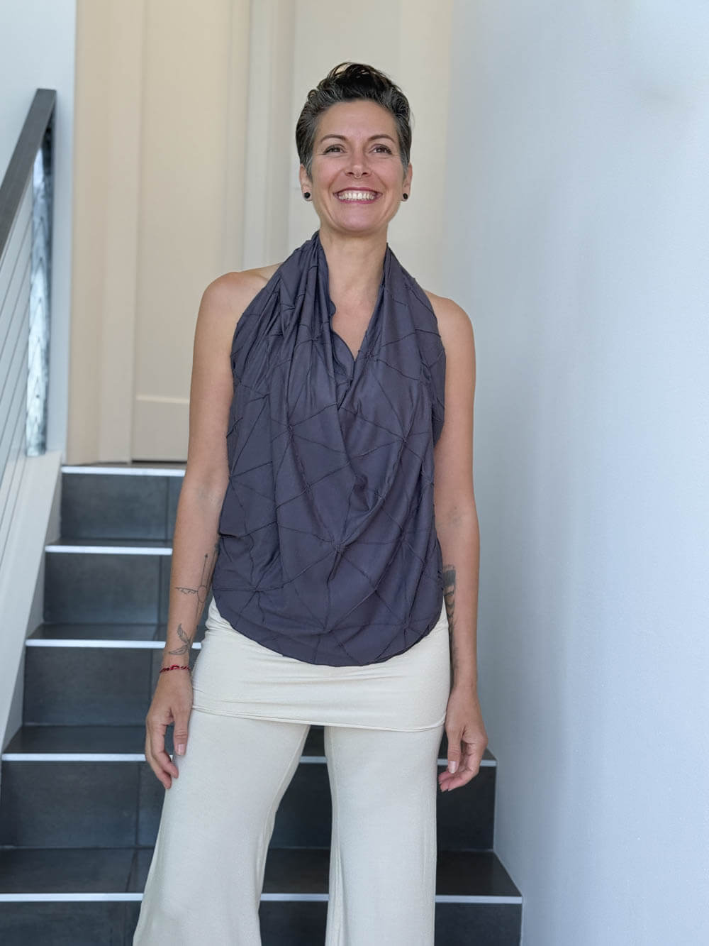 caraucci women's plant based rayon jersey gray textured poncho can be worn multiple ways; dress, skirt, halter top #color_steel