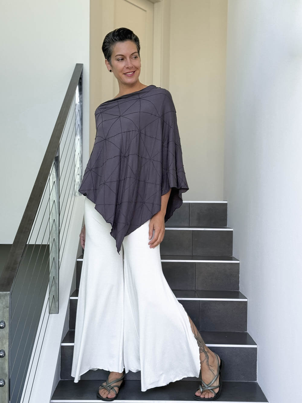 caraucci women's plant based rayon jersey gray textured poncho can be worn multiple ways; dress, skirt, halter top #color_steel