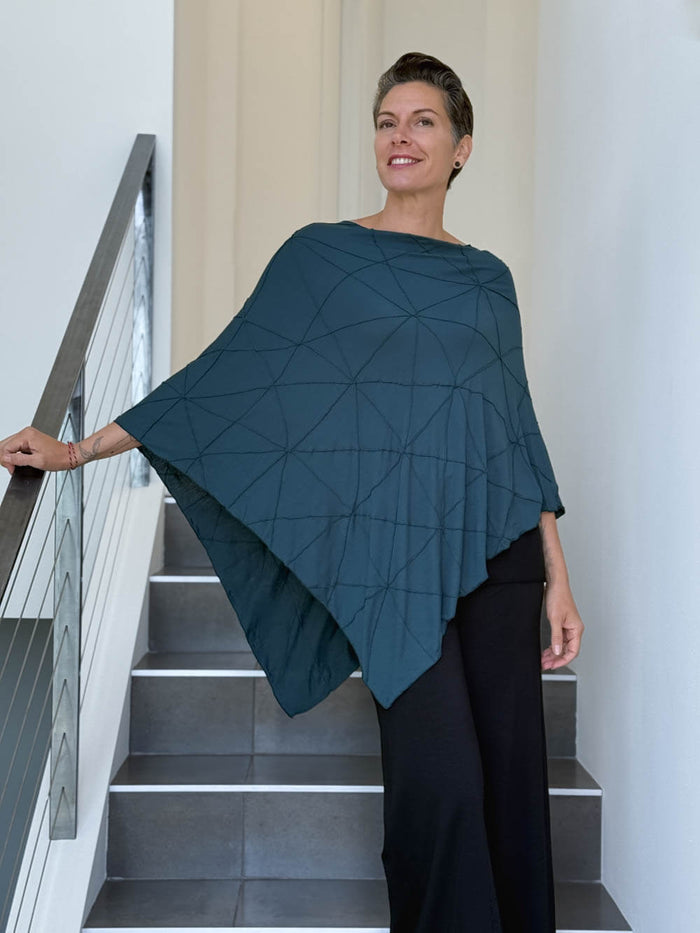 caraucci women's plant based rayon jersey teal blue textured poncho can be worn multiple ways; dress, skirt, halter top #color_teal