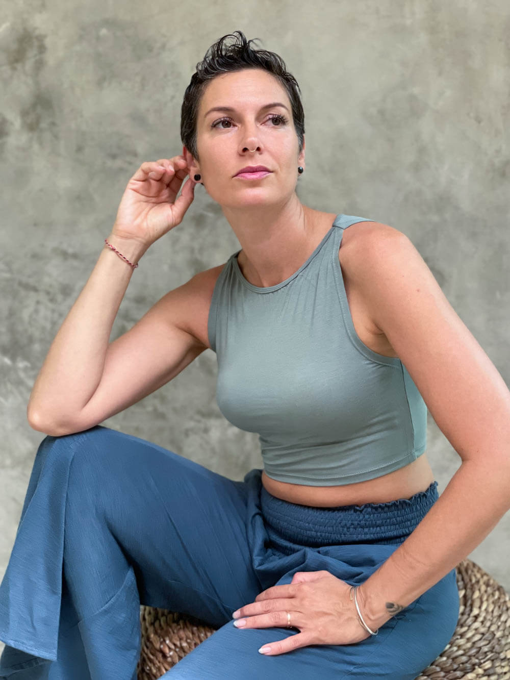 caraucci plant-based fitted sage green boatneck crop top #color_moss