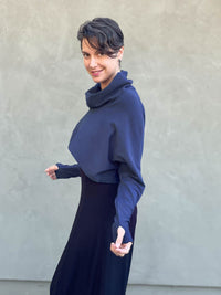 caraucci women's bamboo cotton fleece navy blue dolman cowl shrug with thumbholes #color_navy