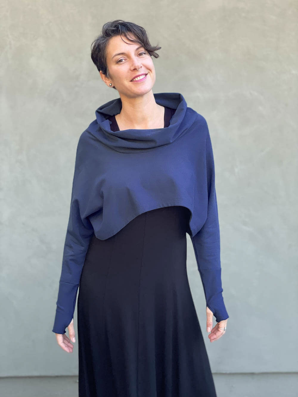 caraucci women's bamboo cotton fleece navy blue dolman cowl shrug with thumbholes #color_navy