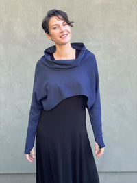 caraucci women's bamboo cotton fleece navy blue dolman cowl shrug with thumbholes #color_navy