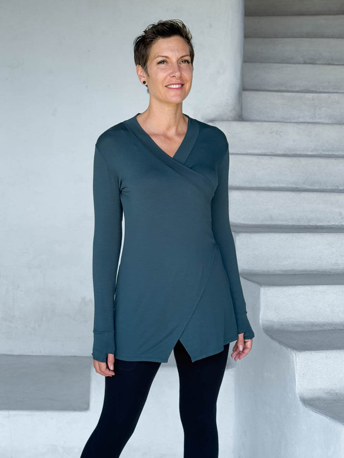caraucci v-neck long sleeve teal blue tunic with thumbholes #color_teal