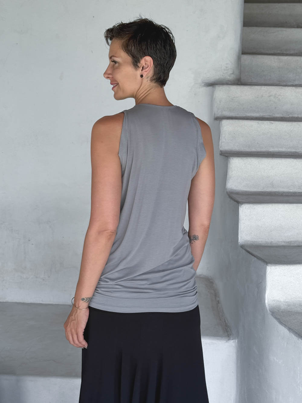 caraucci women's plant-based lightweight rayon jersey light gray sleeveless tunic with drape front #color_stone