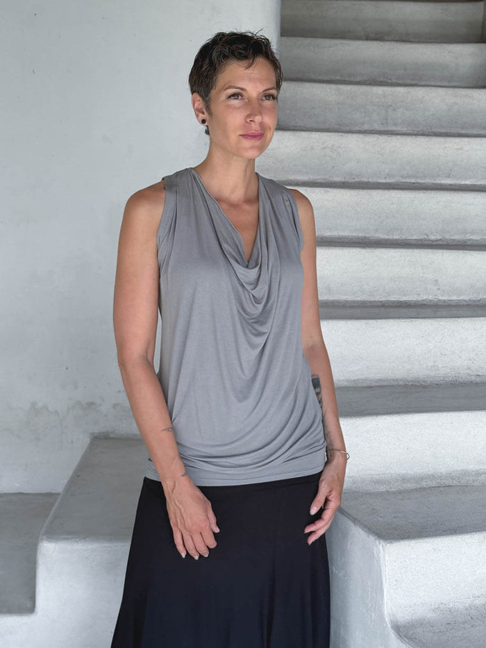 caraucci women's plant-based lightweight rayon jersey light gray sleeveless tunic with drape front #color_stone