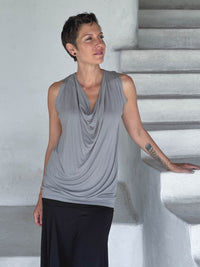caraucci women's plant-based lightweight rayon jersey light gray sleeveless tunic with drape front #color_stone