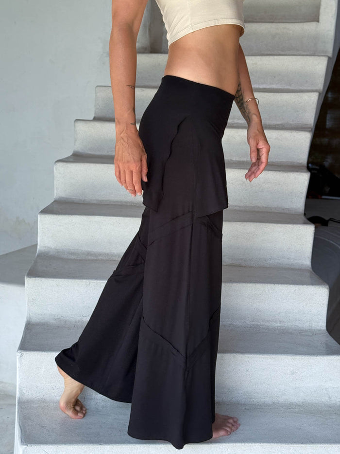 women's skirt over black wide leg pants with raised diagonal stitching #color_black