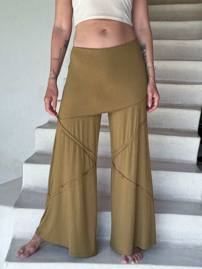 women's skirt over brass color wide leg pants with raised diagonal stitching #color_brass