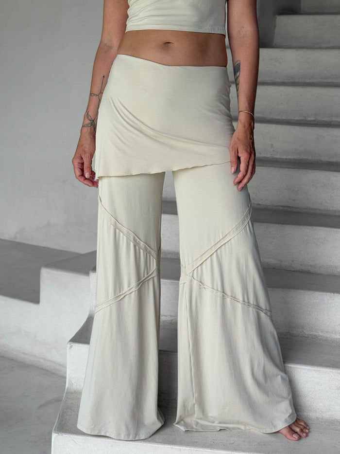 women's skirt-over cream wide leg pants with raised diagonal stitching #color_cream