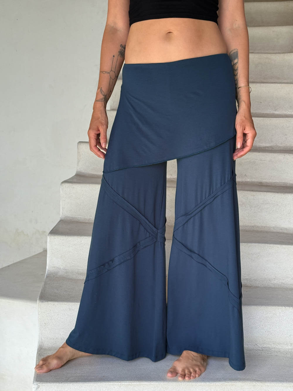 women's skirt-over navy blue wide leg pants with raised diagonal stitching #color_navy