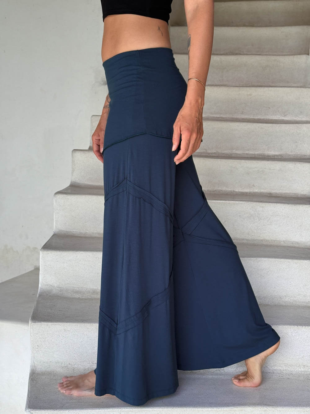 women's skirt-over navy blue wide leg pants with raised diagonal stitching #color_navy