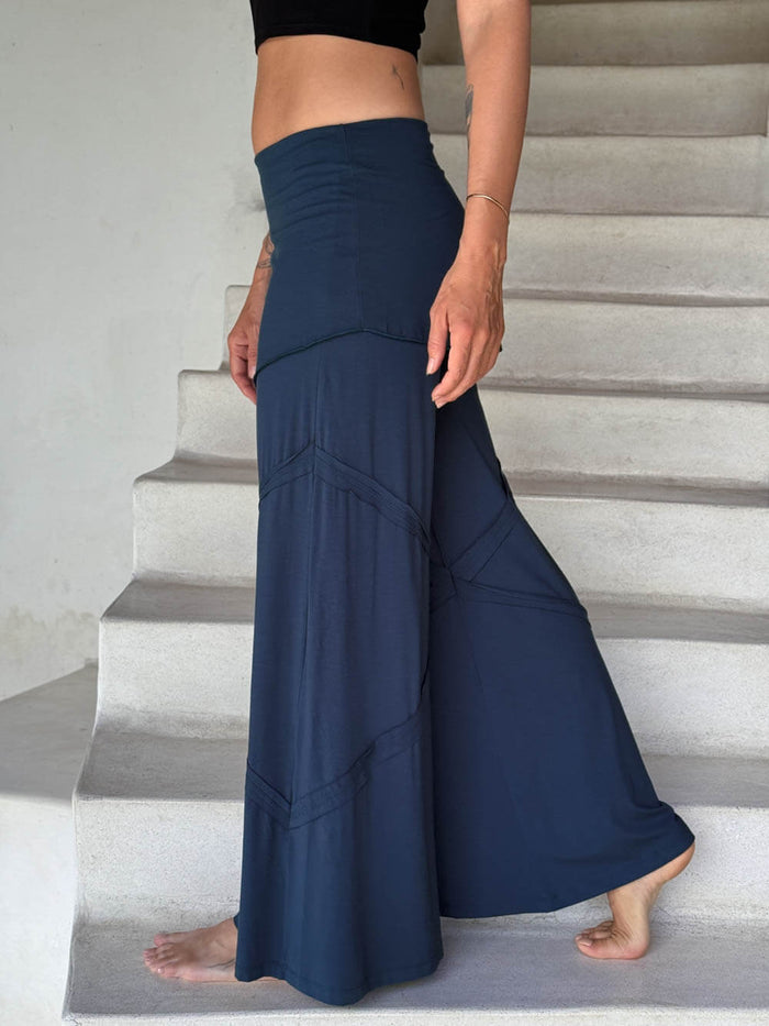 women's skirt-over navy blue wide leg pants with raised diagonal stitching #color_navy