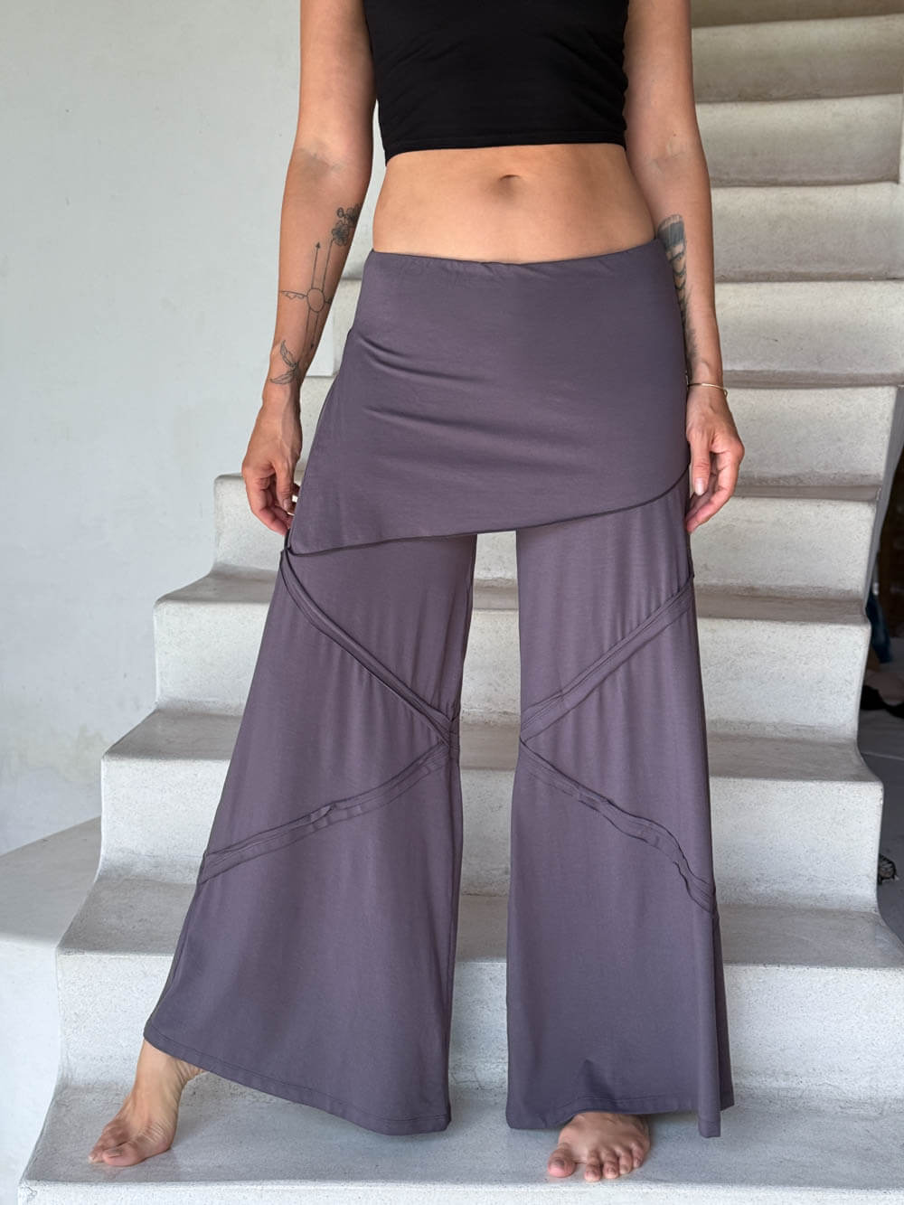 women's skirt over wide leg pants with raised diagonal stitching #color_steel