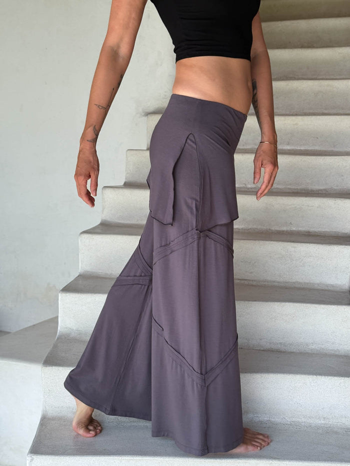 women's skirt over wide leg pants with raised diagonal stitching #color_steel