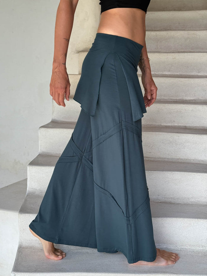 women's skirt-over teal blue wide leg pants with raised diagonal stitching #color_teal