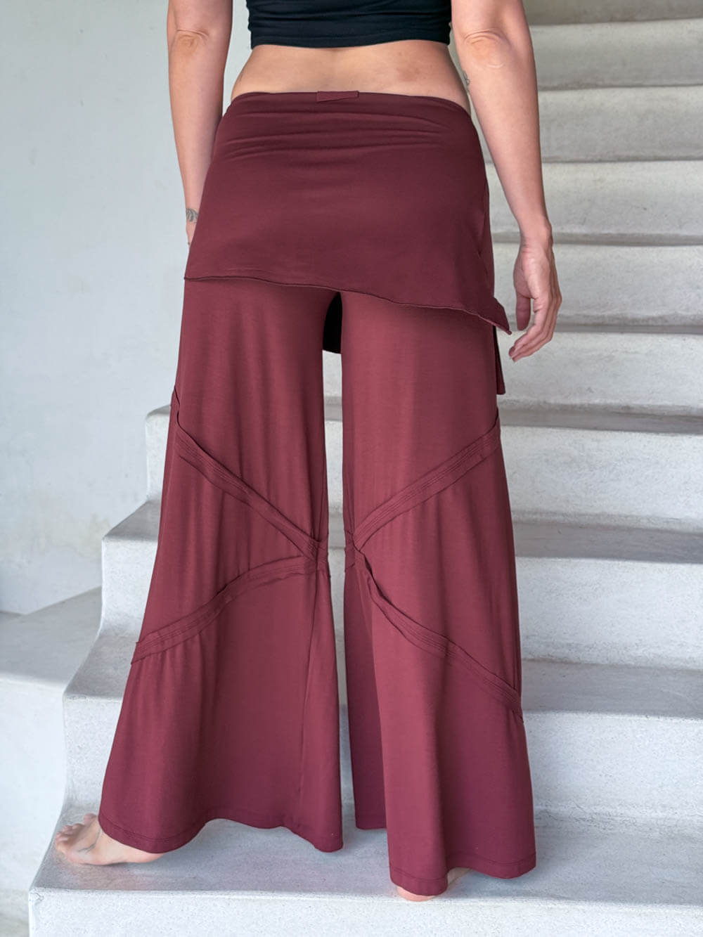 women's skirt-over maroon wide leg pants with raised diagonal stitching #color_wine