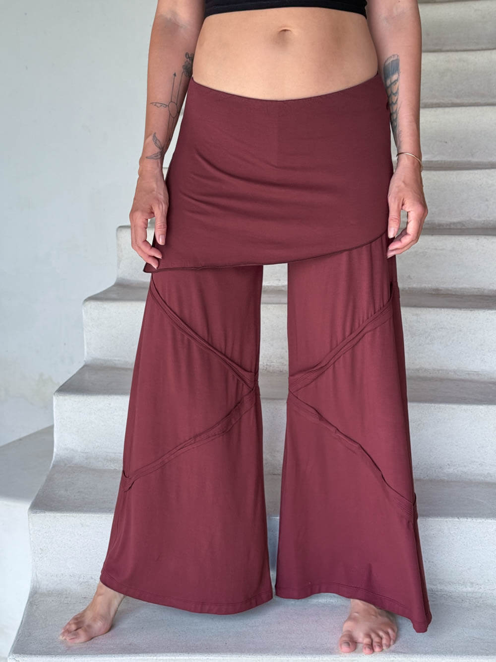 women's skirt-over maroon wide leg pants with raised diagonal stitching #color_wine