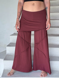 women's skirt-over maroon wide leg pants with raised diagonal stitching #color_wine