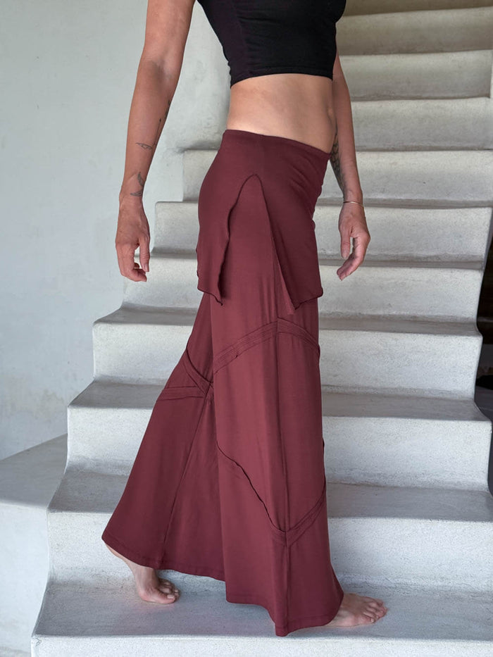 women's skirt-over maroon wide leg pants with raised diagonal stitching #color_wine