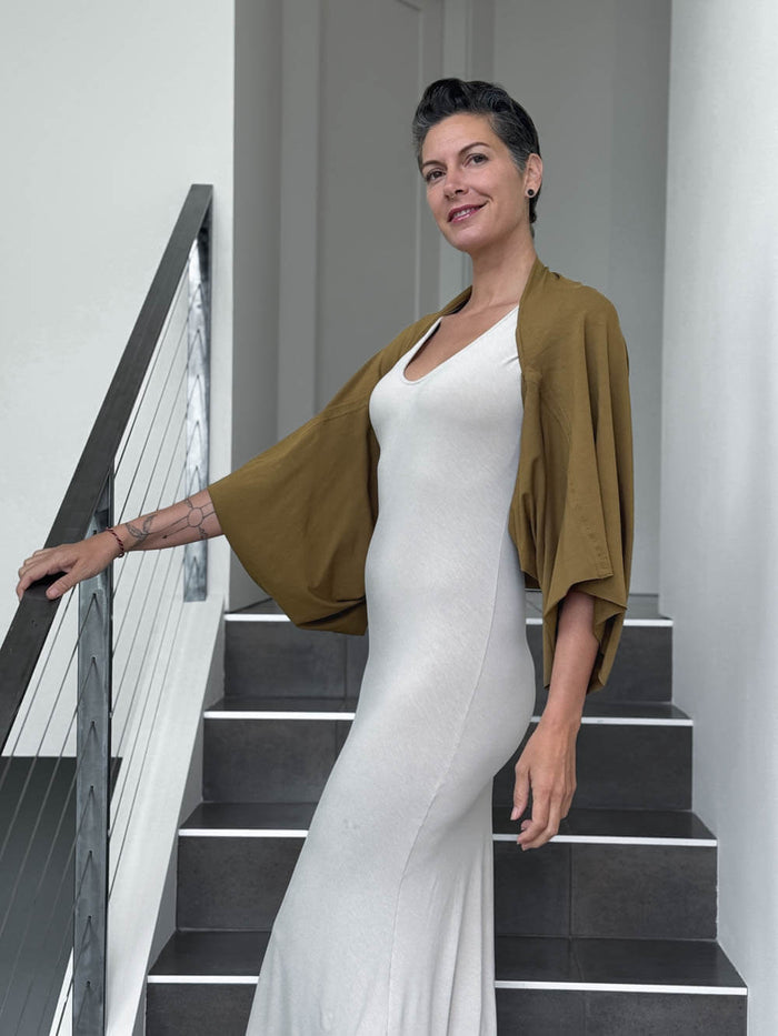 caraucci convertible green brass draped shrug that converts into a cowl neck backless tunic #color_brass